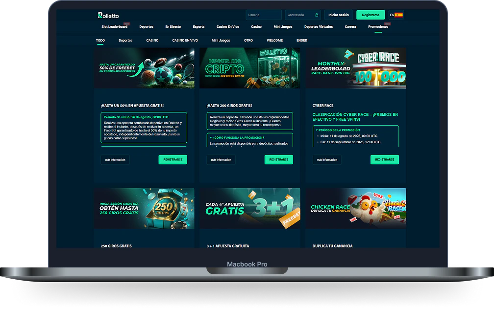 Rolletto Casino promociones deportivas, cripto y giros gratis